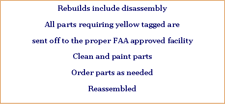 Text Box: Rebuilds include disassemblyAll parts requiring yellow tagged are sent off to the proper FAA approved facilityClean and paint partsOrder parts as neededReassembled